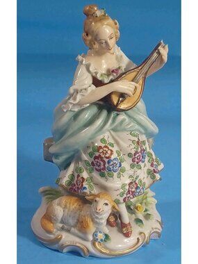Antique Sitzendorf Woman Playing Mandolin Figurine 5.5" X 3.75" Hand-Painted Por